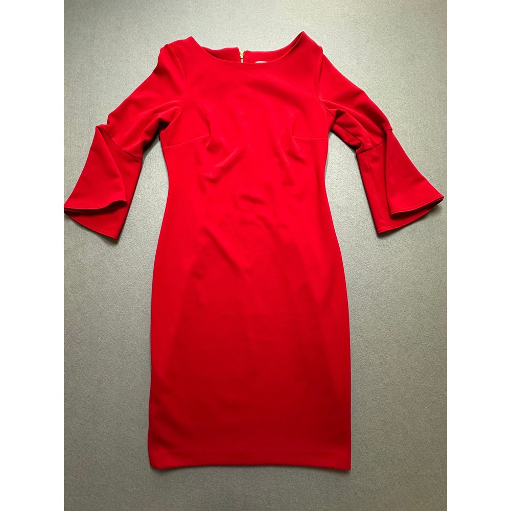 Calvin Klein Red Bell Sleeve Sheath Dress Gold Zipper Size 8 - 42
